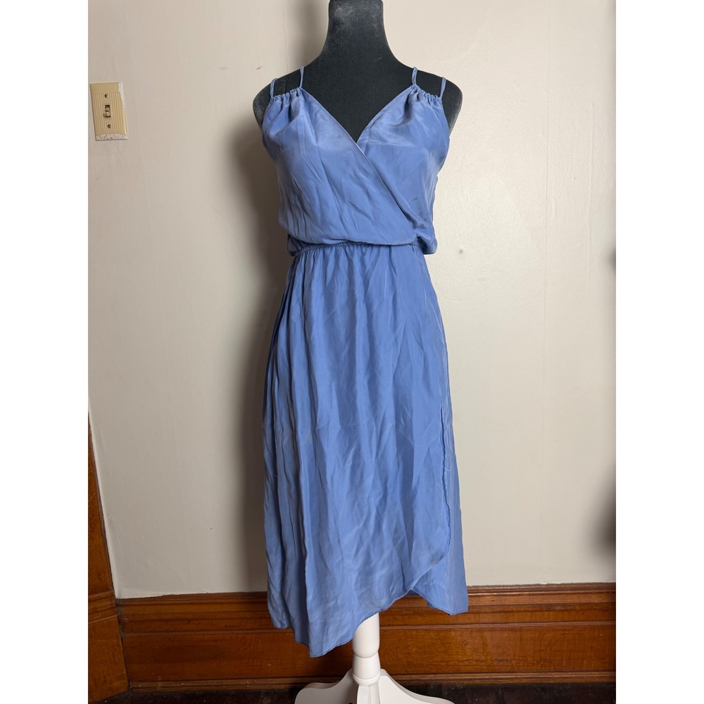 Nell Couture Blue 100% Silk Wrap V-Neck Cross Back Midi Dress quiet luxury 4